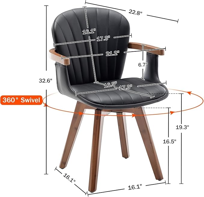LUNLING Swivel Dining Chairs Set of 4, Mid Century Modern Black Faux Leather Kitchen Chairs with Arms,Bamboo Legs Side Chairs No Wheels,Accent Chair for Dining Rooms and Offices