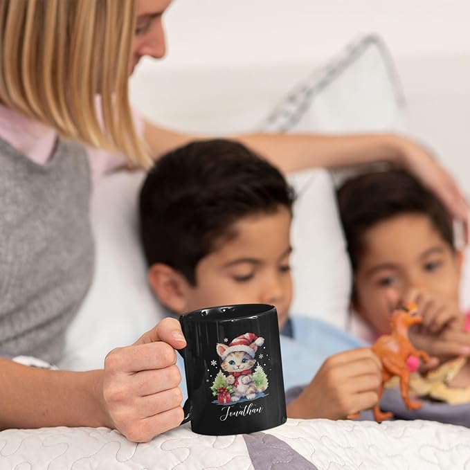 Cute Christmas Cat Cup, Customized Animal Coffee Mug, Gift For Birthday, Personalized Animal Lover Black Cup 11oz 15oz, Custom Xmas Cat Design Mug For Girl