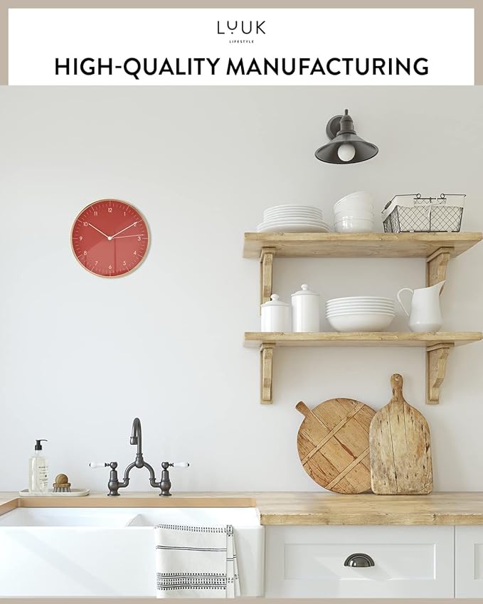 LUUK LIFESTYLE Modern Wall Clock with Silent Quartz Movement, Stylish and Elegant, for Living Room, Bedroom, Dining Room, red and Gold