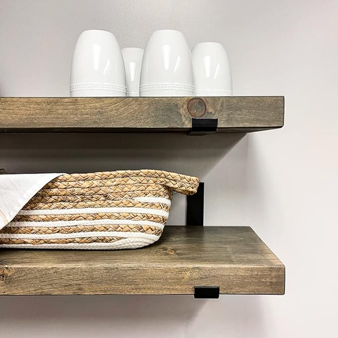 Rustic Shelves with J-Brackets Set of 2, Industrial Shelf, Kitchen Shelves, Solid Wood, Decorative Wall Storage, Heavy Duty, (Grey, 48Wx6D)