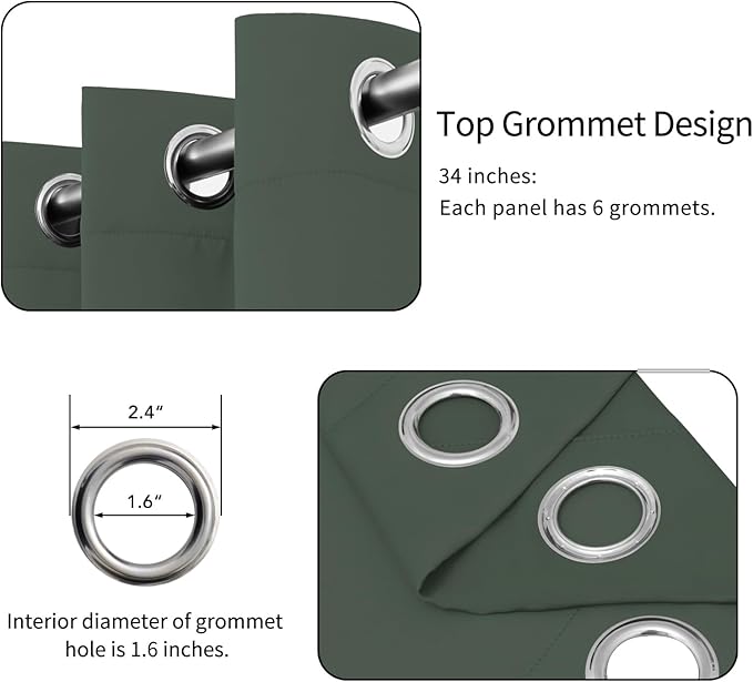 Easy-Going Blackout Curtains for Bedroom, Solid Thermal Insulated Grommet and Noise Reduction Window Drapes, Room Darkening Curtains for Living Room, 2 Panels (34x72 in, Greyish Green)