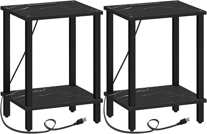 TUTOTAK End Table with Charging Station, Set of 2, Small Side Table, Nightstand Bedside Table, 2-Tier Storage Shelf for Small Space, Living Room, Bedroom Marble Black TB01BMK041