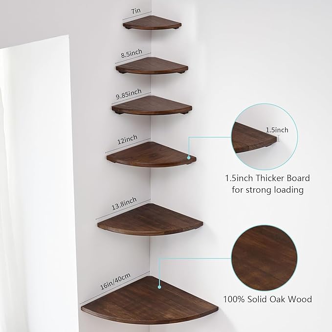 Corner Shelf, Solid Oak Wood Floating Corner Shelf Wall Mount Round End Floating Speaker with Wire Hole for Small Plant Photo for Bedroom Kitchen, Living Room Walnut