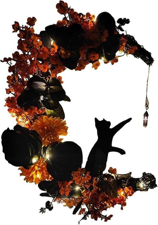 Halloween Wreaths for Front Door with Light, Black Cat Crescent Moon Wreath, Cute Cat Garland Halloween Door Decorations for Outdoor Indoor Decor Wall Window Home Party
