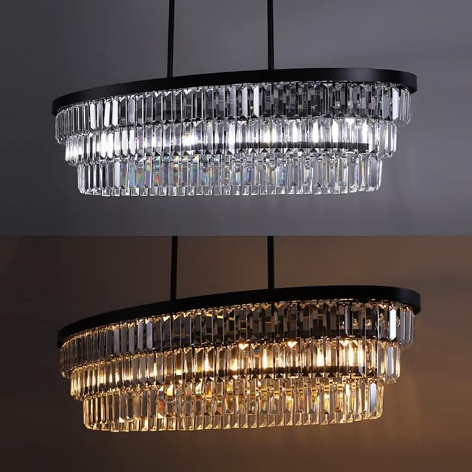 TOCHIC Chandelier 40 inch, Farmhouse Black Crystal Chandelier, Kitchen Island Lighting, Dining Room Light Fixture for High Ceiling, Modern Linear Oval Chandeliers for Living Room, Office Area, Bar