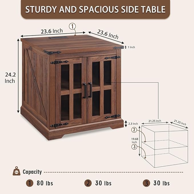Farmhouse End Table with Charging Station,24" Large Side Table with Glass Barn Door, Rustic Wood Nightstand Bedside Table with Adjustable Storage Shelf for Living Room, Bedroom,Walnut,2 pack