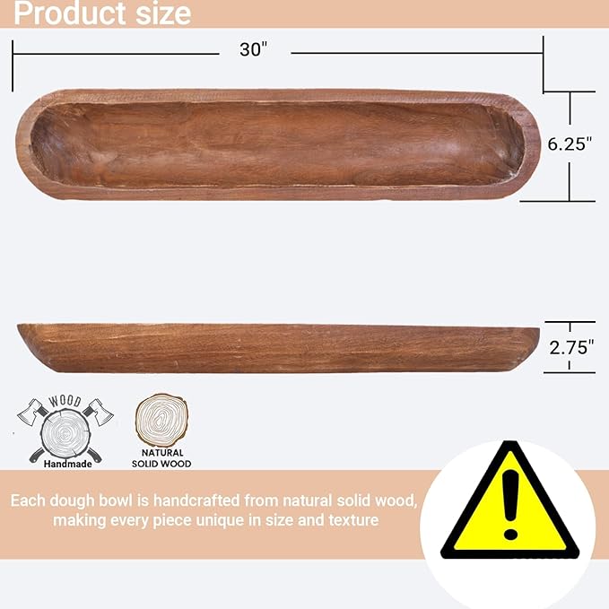 Athaliah Wooden Dough Bowl, Hand Carved Rustic Long Wood Dough Bowls for Decor, Vintage Decorative dough bowl for Table Centerpiece (30 Inch-Brown)