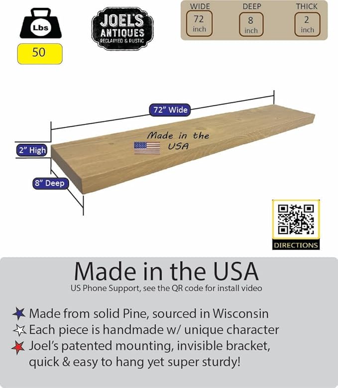 joelsantiques - 72 Inch Wooden Floating Shelves for Wall - 72x8x2 in - Made of Natural Wood - Long FWall Shelves for Bedroom - Perfect for Living Room, Kitchen - Made in USA - Beige
