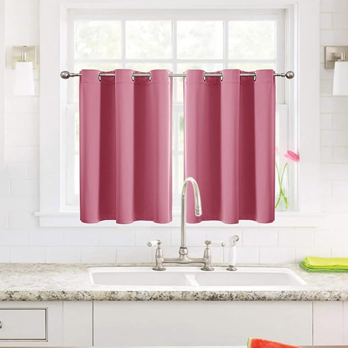 ChrisDowa Small Window Curtains for Kitchen and Bedroom - Grommet Short Thermal Insulated Room Darkening Curtains (2 Panels, Pink, 42 x 36 Inch)