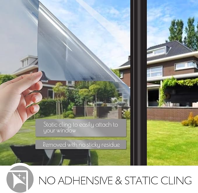 HIDBEA One Way Window Privacy Film Daytime, Heat Control UV Blocking Reflective Mirror Window Tint for Home, Non-Adhesive Self Static Cling Window Stickers (Silver, 17.5 Inch x 6.5 Feet)
