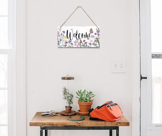 Welcome Decor Sign, Hanging Wood Sign Home Decorative, Printed Wood Wall Art Sign, Flower Welcome Sign, Yard Garden Welcome Sign, Porch Decor Sign, Farmhouse Front Door Decor Sign 12 * 6inch