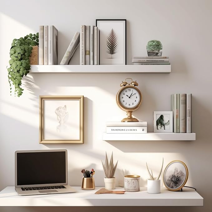 LaVie Home Floating Shelves, 24 Inch Wall Shelf Set of 2, Hanging Shelf with Invisible Brackets, Wall Decor for Bathroom, Bedroom, Living Room, Kitchen Storage, Modern White