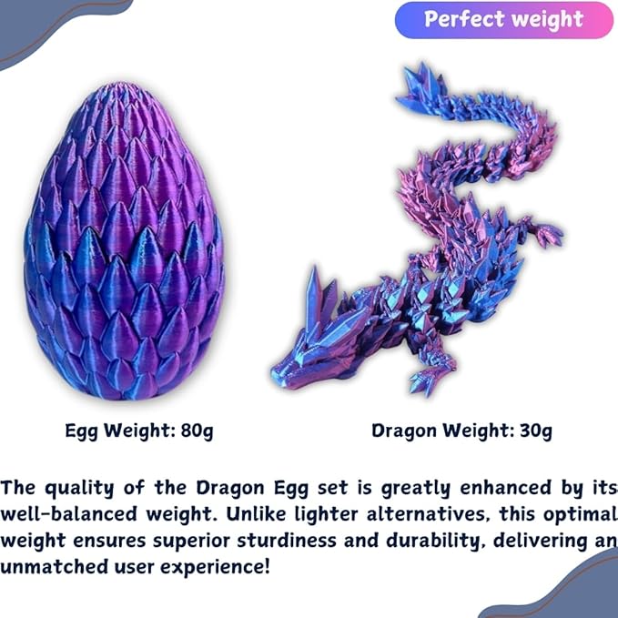 3D Printed 12” Articulated Crystal Dragon Inside 5.1” Egg – Fantasy Collectible, Fidget Toy & Stocking Easter Basket Stuffers for Home & Office Decor (Laser Purple)