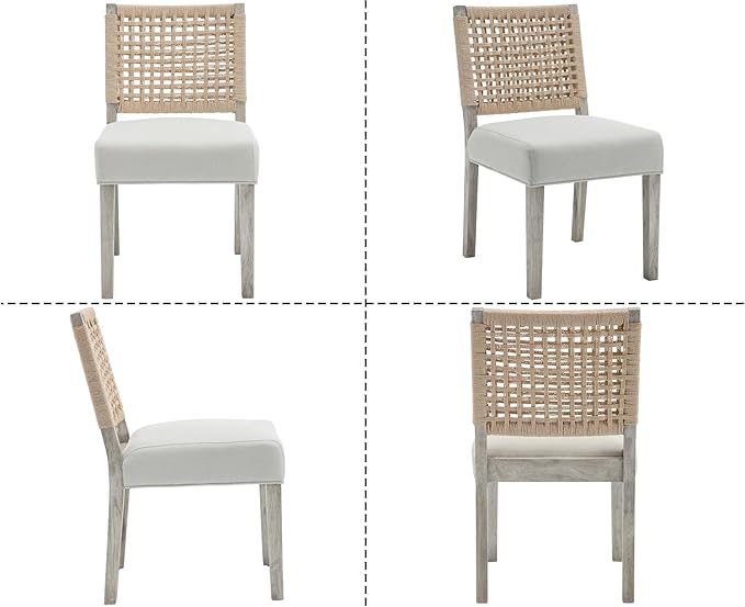 Kmax Farmhouse Dining Chairs Set of 6, Rustic Kitchen Chairs with Linen Fabric Seat and Woven Back, Vintage Accent Chairs for Dining Room, Living Room, Ivory