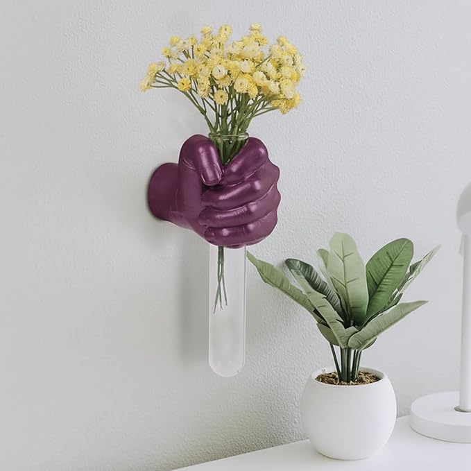Creative Wall Hanging Sculpture, Artistic Wall Hanging Hand Sculpture with Test Tube vases, Home Decoration Hand Against Wall (Purple)