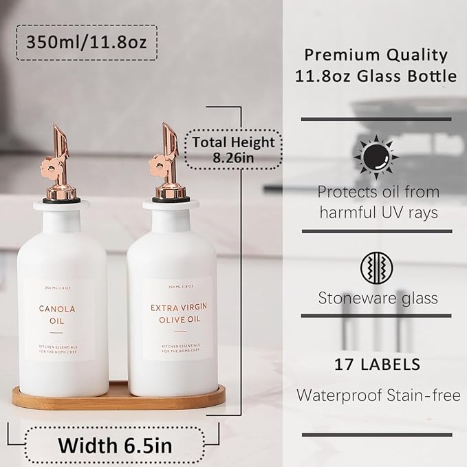 HOMCDALY Olive Oil Dispenser for Kitchen, 11.8oz Glass kitchen Dispenser Bottle, Rose Gold Oil&Vinegar Cruet Set, Leakproof Oil Containers for Cooking, Kitchen Decor | Set of 2 (11.8oz – Rose Gold)
