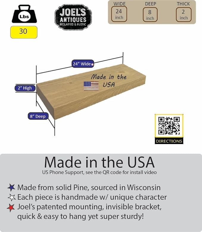 joelsantiques 24 Inch Wooden Floating Shelves for Wall - 24x8x2 in - Made of Natural Wood - Short Heavy Duty Rustic Wall Shelves for Bedroom - Perfect for Living Room, Kitchen - Beige