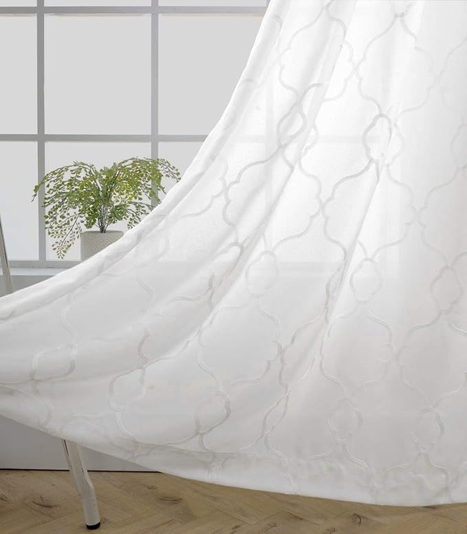 MIUCO Moroccan Embroidered Semi Sheer Curtains Faux Linen Grommet Window Curtains for Bedroom Living Room 84 Inches Long 2 Panels, Pure White