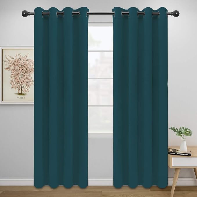 Easy-Going Blackout Curtains for Bedroom, Solid Thermal Insulated Grommet and Noise Reduction Window Drapes, Room Darkening Curtains for Living Room, 2 Panels (52x84 in,Peacock Blue)