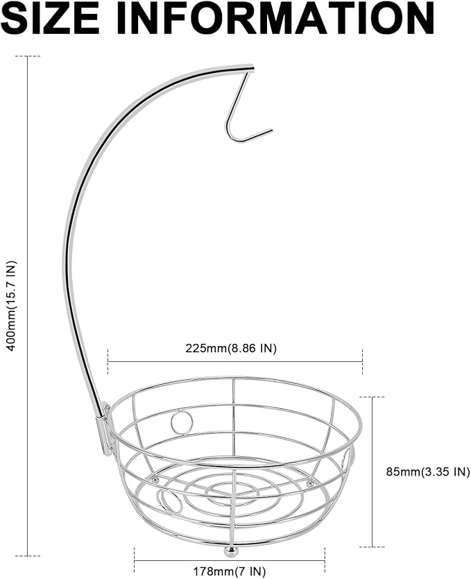 Livabber Countertop Fruit Basket Bowl with Banana Hanger, Modern Standing Fruit Vegetable Bowl Storage, with Banana Tree Holder for Kitchen Dinning Table (Round Metal, Chrome)