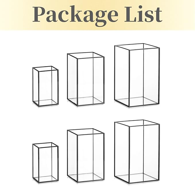 Glass Hurricane Candle Holder Large - Hewory 6pcs Black Rectangle Flower Holders Centerpiece for Table, Tall Floor Square Pillar Candle Lantern for Wedding, Anniversary, Party, Fireplace, Dining Room