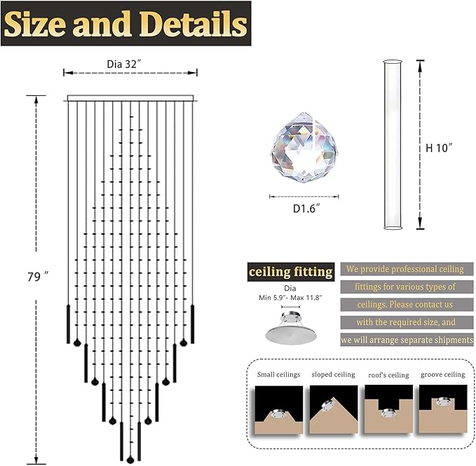 Flashing God D32 x H79'' Modern Crystal Chandelier for High Ceiling Large Foyer Chandeliers Large Raindrop Chandelier for Foyer Living Room Entryway Staircase Villa