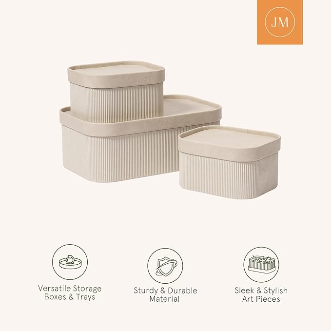 La Jolie Maison Fluted Cardboard Storage Baskets with Leather-Like Lids, Sturdy Stackable Paper Boxes Decorative Tray,Set of 3 Ivory