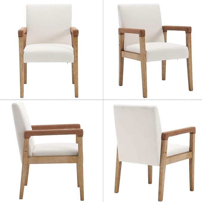 Kmax Modern Dining Chairs Set of 2 Linen Fabric Kitchen Arm Chairs Upholstered Accent Chairs with Wooden Legs for Dining Room, Living Room, Bedroom, White