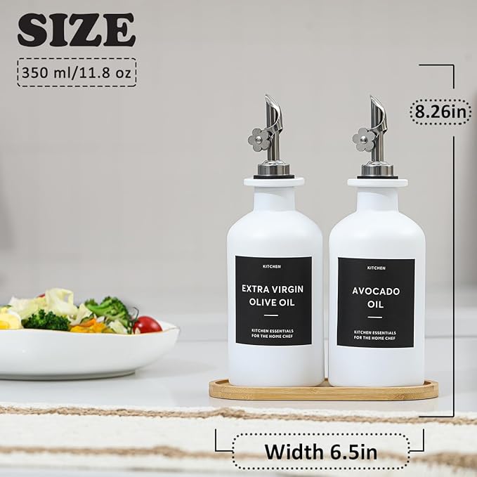 HOMCDALY Olive Oil Dispenser for Kitchen, 11.8oz Glass kitchen Dispenser Bottle, White Oil&Vinegar Cruet Set, Leakproof Oil Bottle for Cooking| Set of 2 (11.8oz – White)