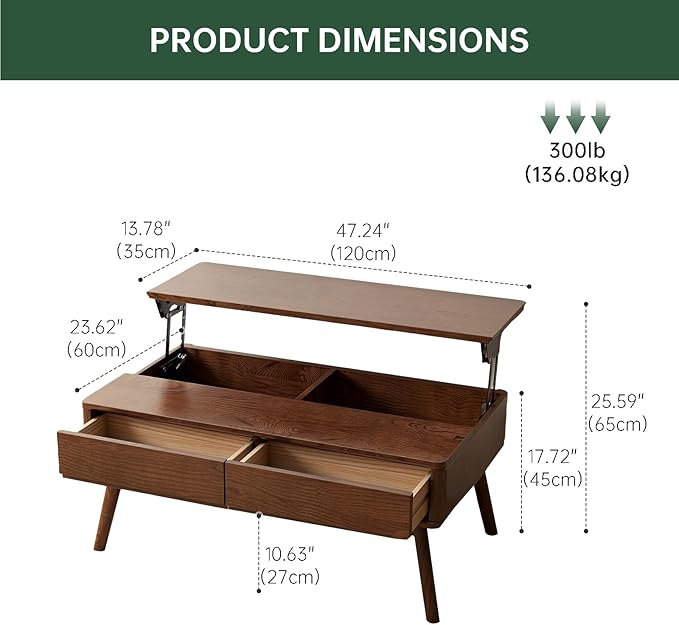 100% Solid Wood Lift Top Coffee Table for Living Room, Mid Century Modern Tables with Drawers and Large Storage, Oak Wood Coffee Tables for Small Spaces (Oak Walnut Color, 47.24"W x 23.62"D x 25.59"H)
