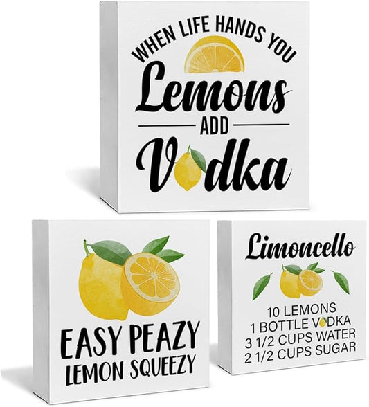 Summer Lemons Decor for Home Farmhouse Lemon Themed Tiered Tray Decor 3 Pcs Lemon Decorative Wood Box Signs Table Desk Shelf Kitchen Decoration
