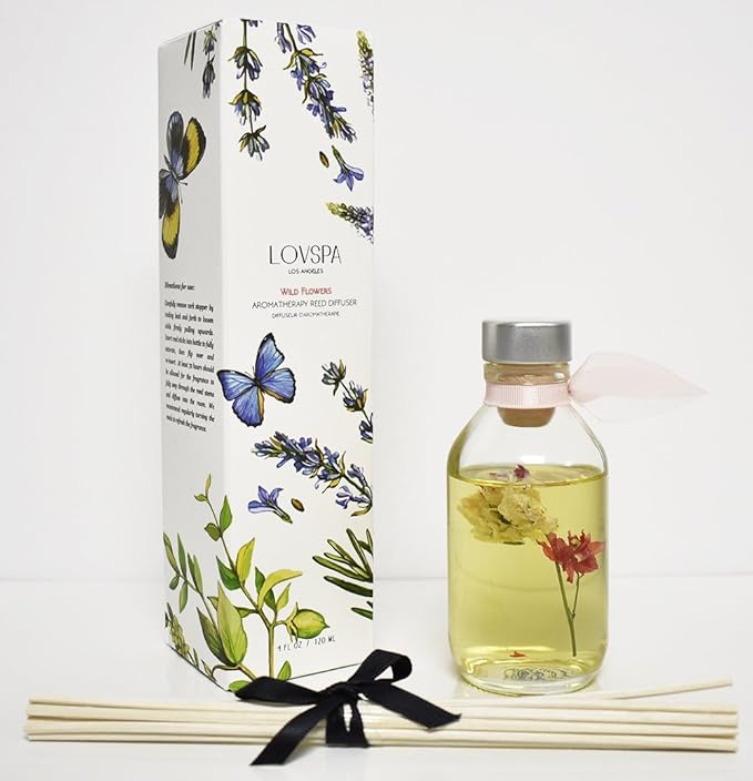 LOVSPA Reed Diffuser Set, Wild Flowers Scented Oil Diffuser with Sticks, Home Fragrance Accessories for Bathroom Shelf Decor, Aroma Diffusers for Home or Office Desk, USA Made