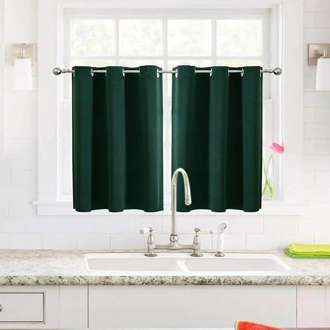 ChrisDowa Small Window Curtains for Kitchen and Bedroom - Grommet Short Thermal Insulated Room Darkening Curtains (2 Panels, Forest Green, 34 x 36 Inch)