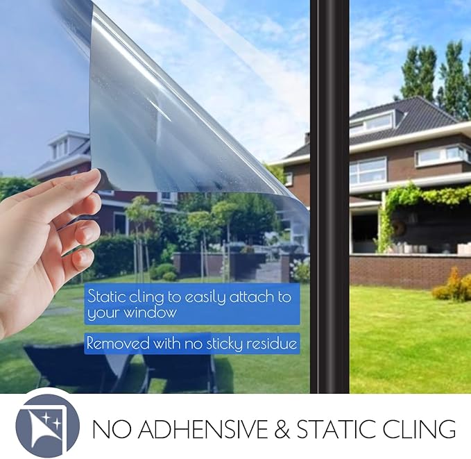 HIDBEA One Way Window Film Daytime Privacy Window Tint for Home, UV Blocking Reflective Heat Control Glass Films Non-Adhesive Mirror Window Clings (Blue-Silver, 23.6 Inch × 6.5 Feet)