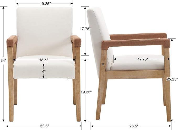 Kmax Modern Dining Chairs Set of 2 Linen Fabric Kitchen Arm Chairs Upholstered Accent Chairs with Wooden Legs for Dining Room, Living Room, Bedroom, White