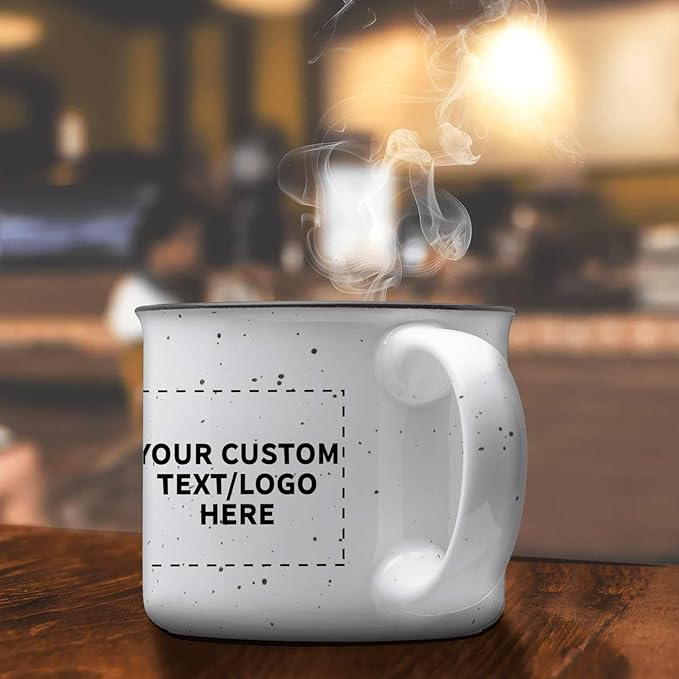 DISCOUNT PROMOS Custom Ceramic Campfire Coffee Mugs 13 oz. Set of 10, Personalized Bulk Pack - Perfect for Tea, Espresso, Cappuccino, Hot Cocoa - White
