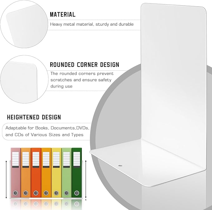 VONDERSO Metal Bookends White, 2 Pairs Metal Bookends Heavy Duty for Shelves Decor Home Office, Unique White Book Ends Supports Anti-Slip for Kids Girls