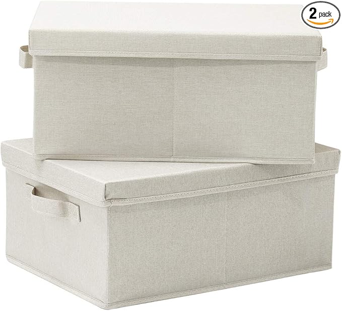 HOONEX Foldable Storage Bins with Lids, 2 Pack, Storage Boxes with Carrying Handles and Sturdy Heavy Cardboard, 16.5" L x 11.8" W x 7.5" H for Shoes, Books, Clothes, Linens, Beige