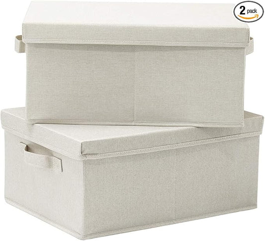 HOONEX Foldable Storage Bins with Lids, 2 Pack, Storage Boxes with Carrying Handles and Sturdy Heavy Cardboard, 16.5" L x 11.8" W x 7.5" H for Shoes, Books, Clothes, Linens, Beige