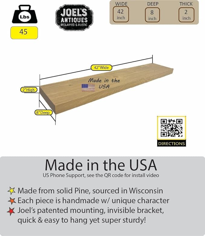 joelsantiques 42 Inch Wooden Floating Shelves for Wall - 42x8x2 in - Made of Natural Wood - Heavy Duty Rustic Wall Shelves Made in USA - Perfect for Living Room, Kitchen - Natural