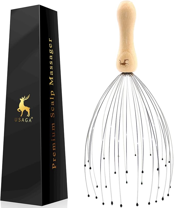 USAGA 32 Fingers Head Massager, Head Scratcher Scalp Massager for Scalp Body Relaxing Wood Handle (1 Pack)