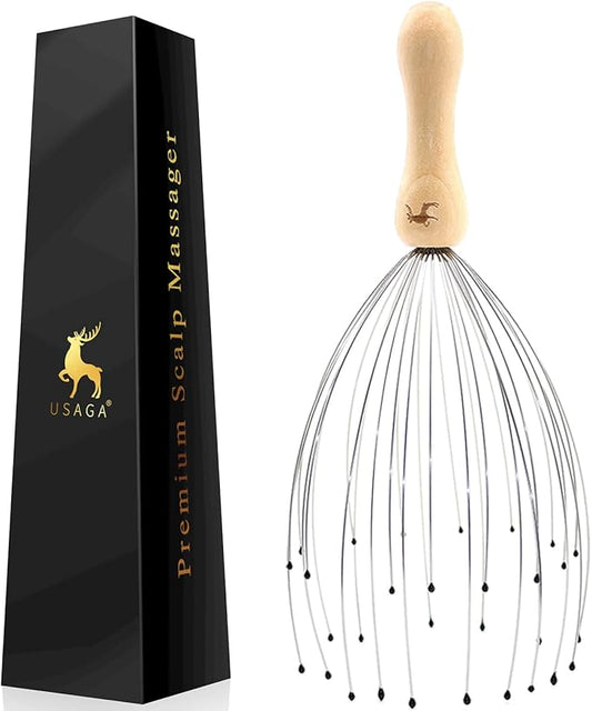 USAGA 32 Fingers Head Massager, Head Scratcher Scalp Massager for Scalp Body Relaxing Wood Handle (1 Pack)