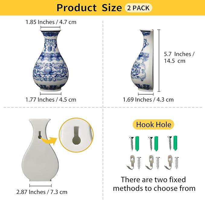 Set of Two Blue and White Porcelain Wall Vases for Flowers – Handmade Chinoiserie Ceramic Wall Mounted Flower Vase, Decorative Hanging Vases for Living Room, Bookshelf & Indoor Décor