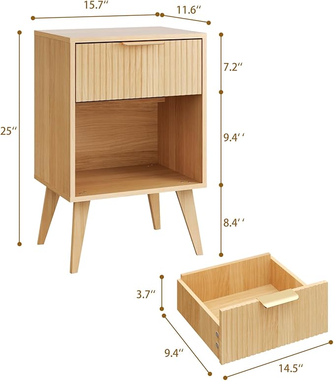 Fluted Night Stand with Opening Storage,Mid Century Bedside Table with Drawer,Wood Nightstand with Solid Wood Legs,End Table Side Table for Living Room,Bedroom,Natural CTG56Y