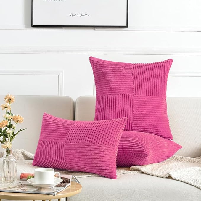 Fancy Homi 2 Packs Hot Pink Decorative Throw Pillow Covers 20x20 Inch for Living Room Couch Bed Sofa, Rustic Farmhouse Boho Home Decor, Soft Corss Corduroy Patchwork Accent Cushion Case 50x50 cm