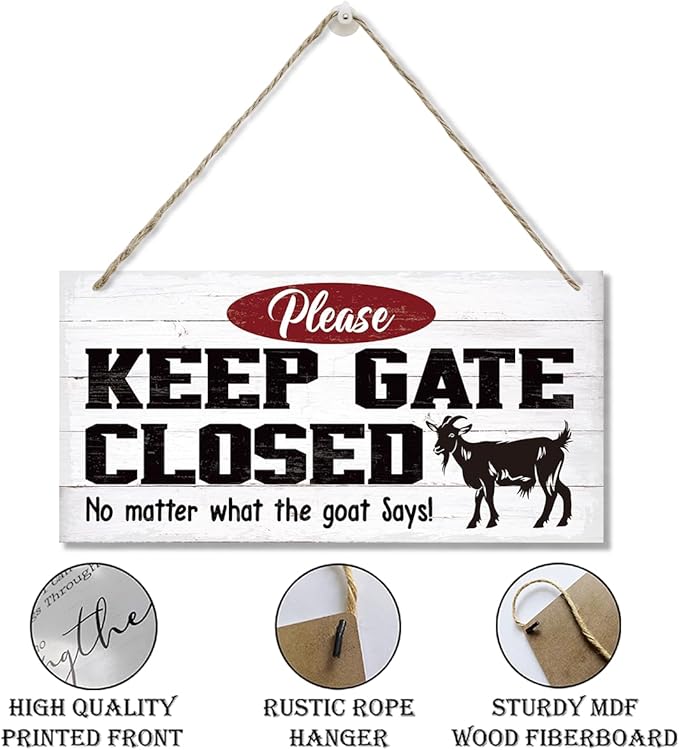 Warning Signs, Keep Gate Closed Goat Sign, Decorative Wood Hanging Wood Plaque, Warning Animal Goat Sign, Funny Novelty Caution Goat Sign for Farm Fence Decor, Farmhouse Home Decor, Gate Sign