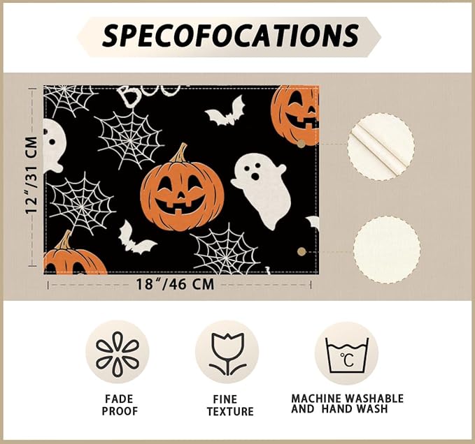 XCHI BOO Spooky Ghost Pumpkin Halloween Cloth Placemats Set of 8 Table Mats Table Decorations 12x18 Inch