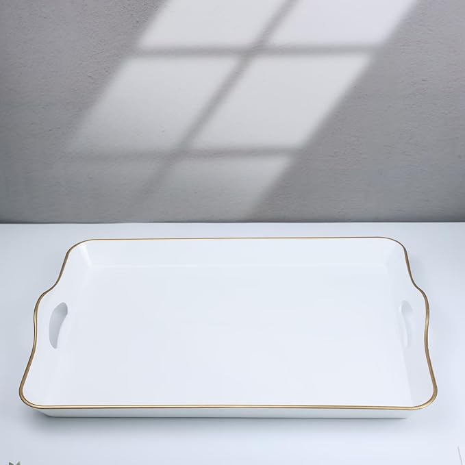 Spsyrine White Decorative Serving Tray with Handles, Elegant Plastic Coffee Table Tray for Ottoman, Living Room, Home Decor