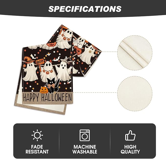 Artoid Mode Ghost Jack-O'-Lantern Black Cat Halloween Table Runner,Holiday Kitchen Dining Table Decoration for Home Party Decor 13 x 36 Inch