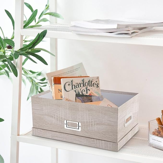 Briful Set of 2 Rustic Wood Grain Storage Boxes with Lids – Stackable Rectangular Organizer Bins, 14'' + 13'' Set Decorative Storage Containers for Bedroom, Living Room, Gifts